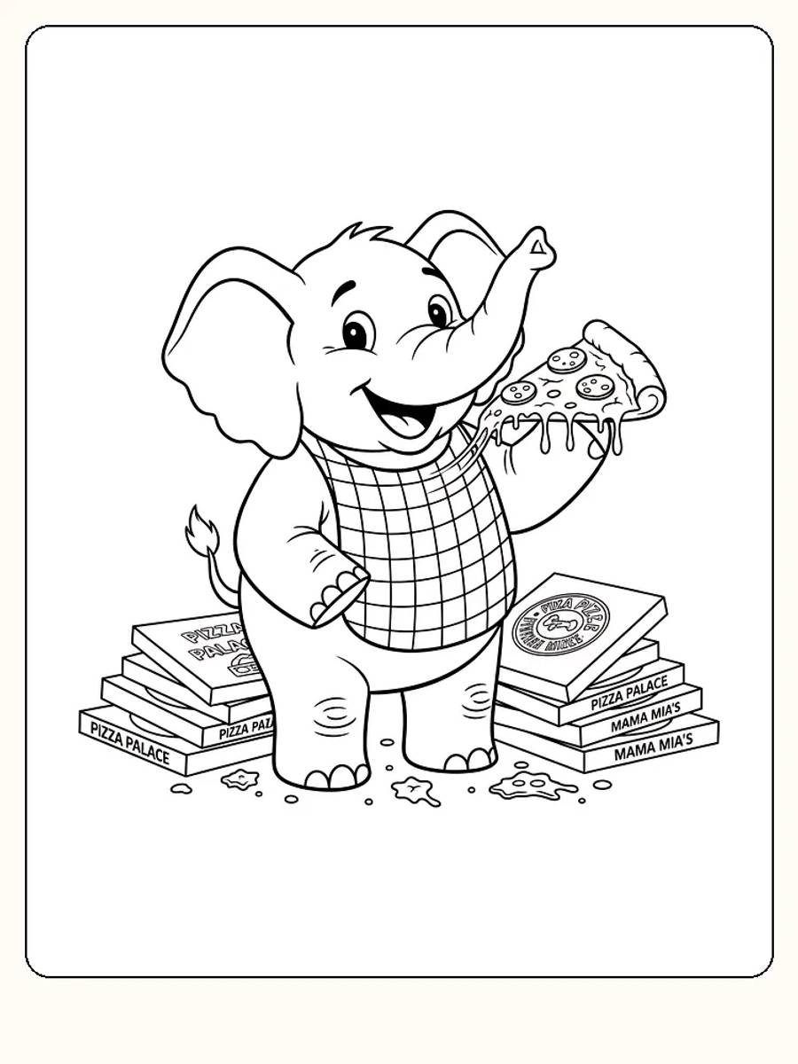 Fargeleggingsbilde av en elefant som spiser pizza, omringet av pizzabokser, klar for utskrift