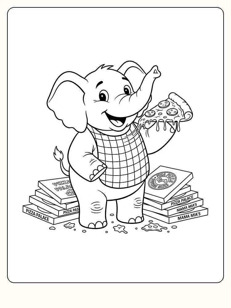 Fargeleggingsbilde av en elefant som spiser pizza, omringet av pizzabokser, klar for utskrift