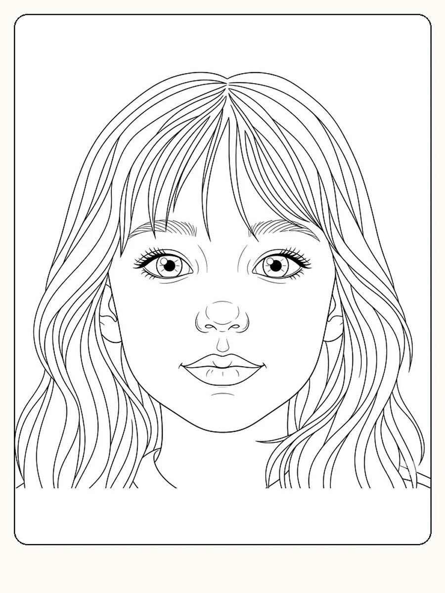 Målarbild av en flicka med långt hår och stora ögon, redo för utskrift.