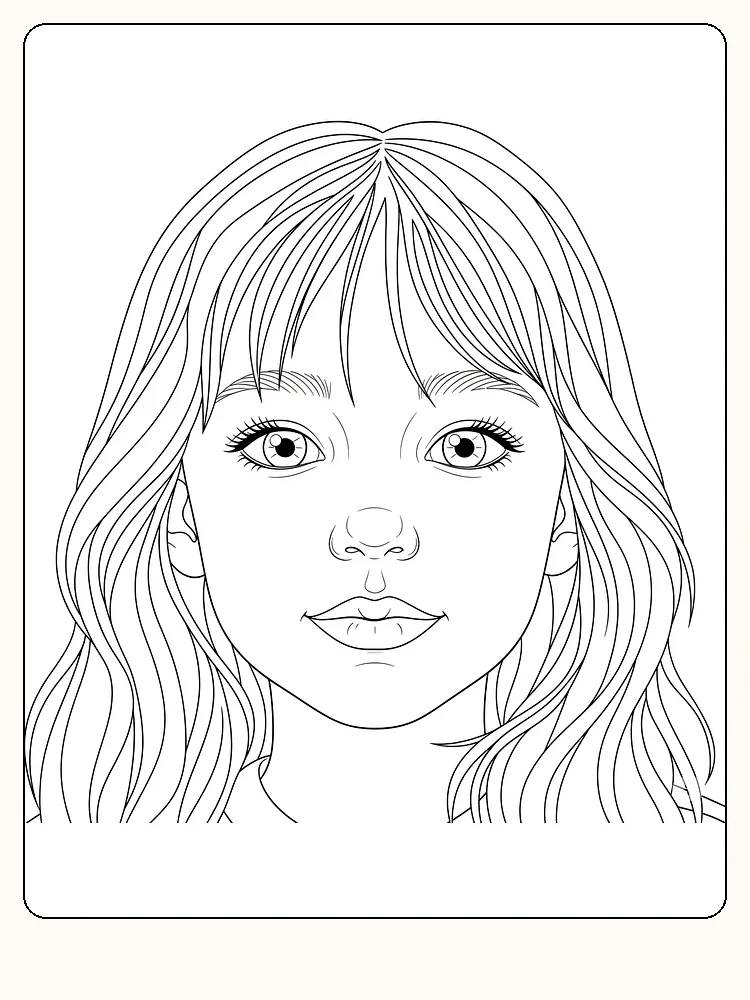 Målarbild av en flicka med långt hår och stora ögon, redo för utskrift.