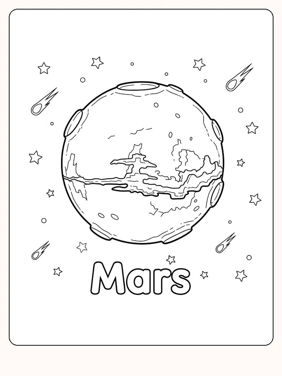 Fargeleggingstegning av planeten Mars med stjerner og kometer rundt, klar for utskrift
