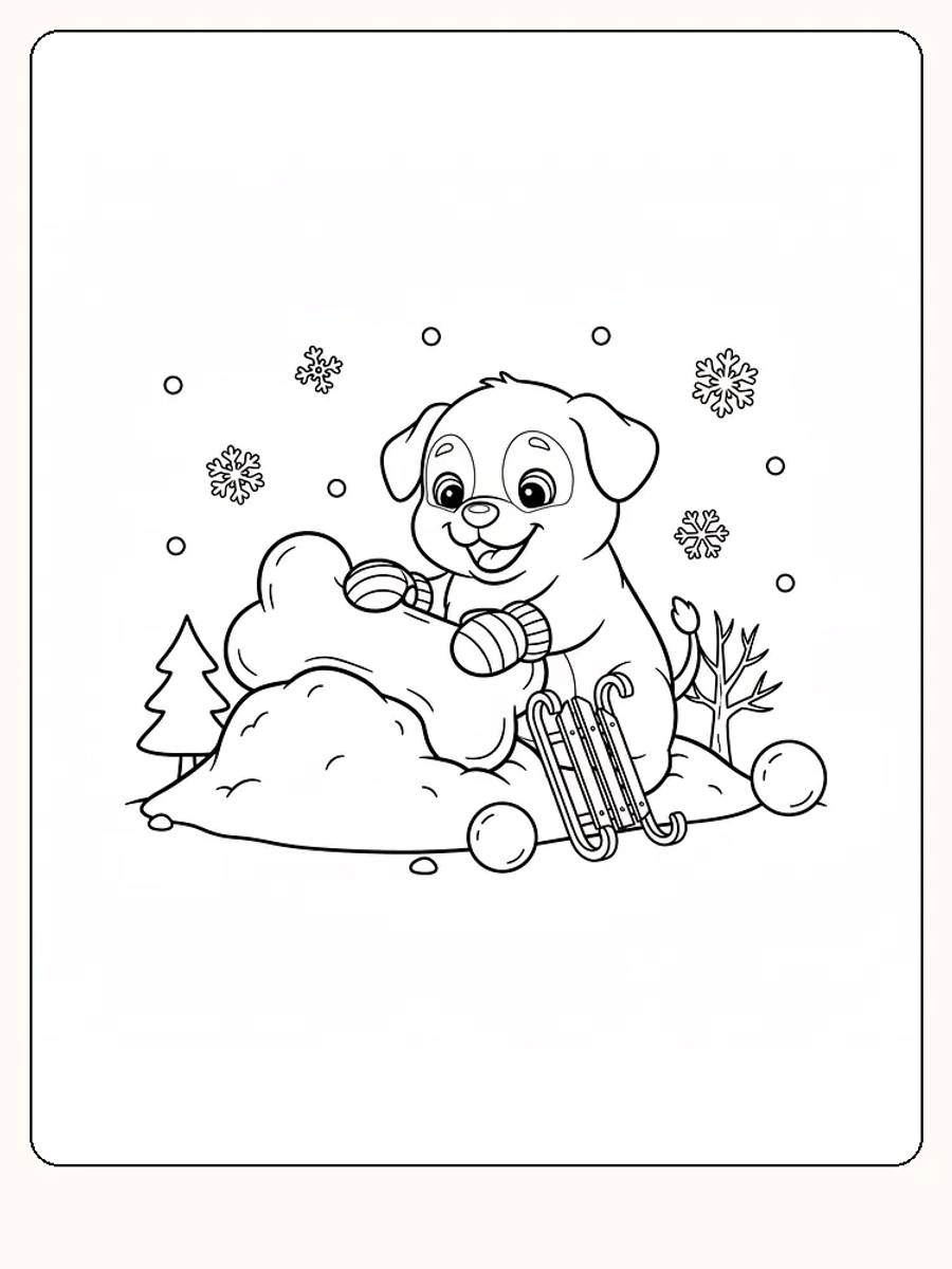 Fargeleggingstegning av en hund med kjelke som leker i snøen under snøfnugg