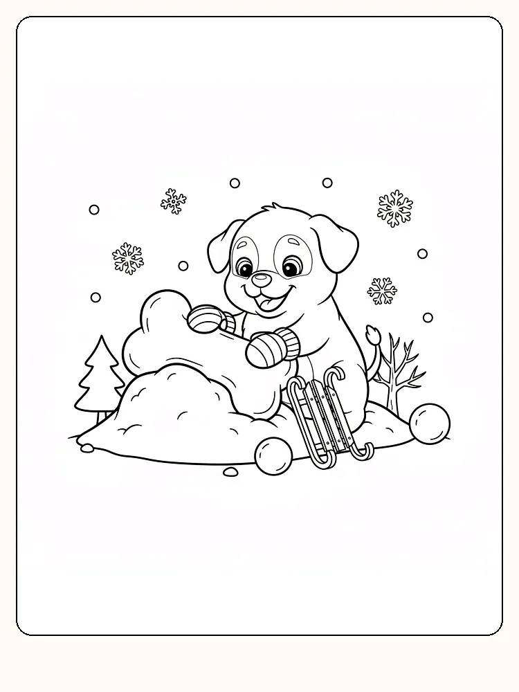 Fargeleggingstegning av en hund med kjelke som leker i snøen under snøfnugg