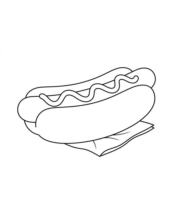 Großes Würstchen im Brötchen mit wellenförmigem Senf, rundem Würstchenende links und gefalteter Serviette, zum Nationalfeiertag am 17. Mai
