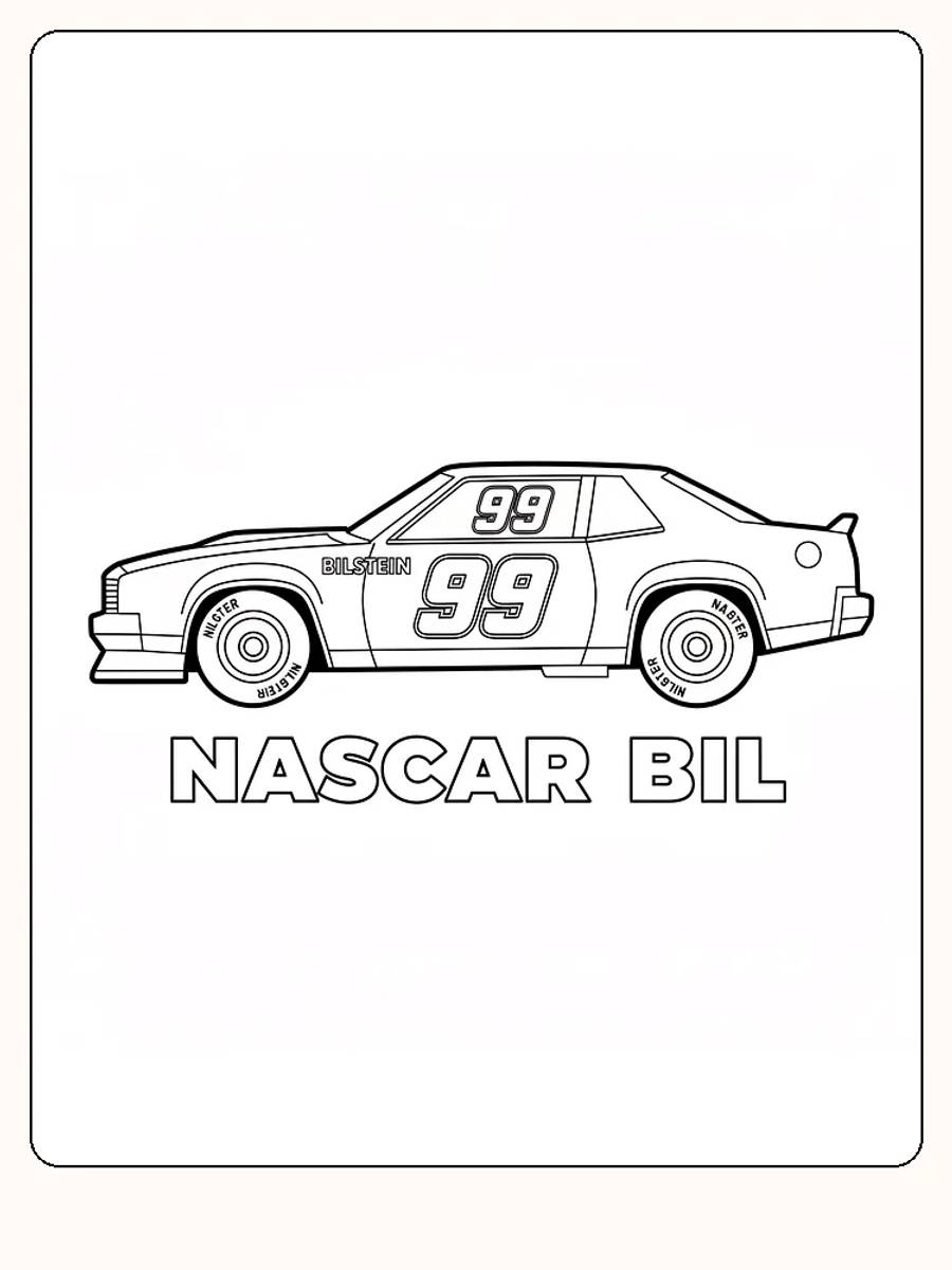 Tegning til farvelægning af en NASCAR-bil set fra siden, klar til print