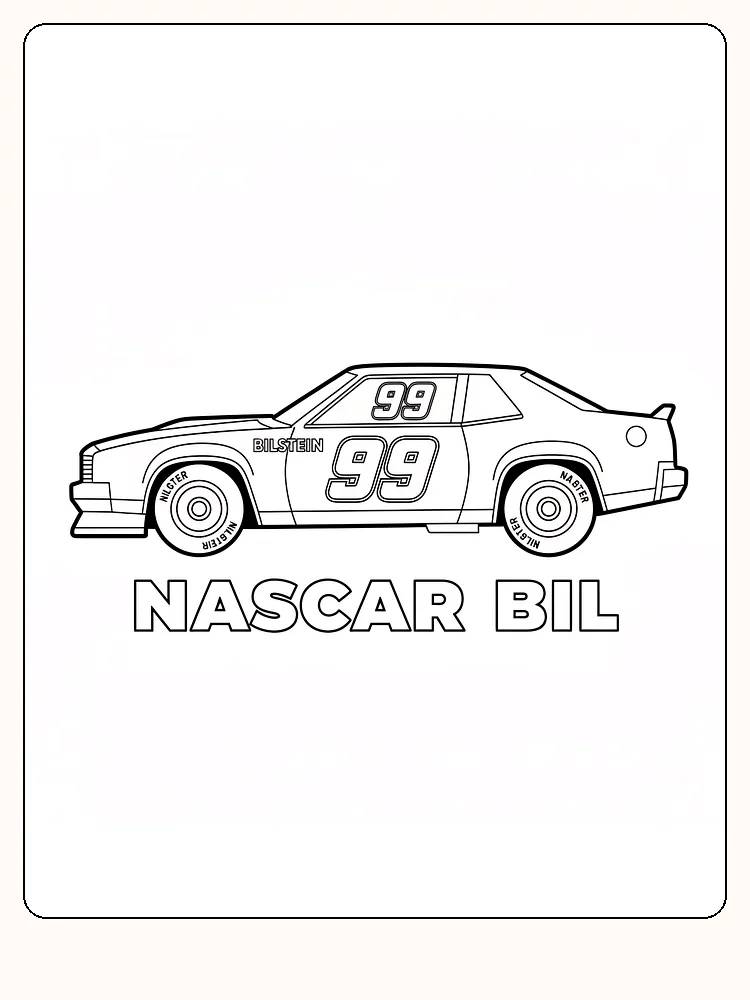 Tegning til farvelægning af en NASCAR-bil set fra siden, klar til print