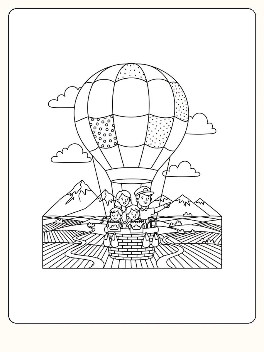 Tegning til farvelægning af en familie, der flyver i en luftballon over bjerge
