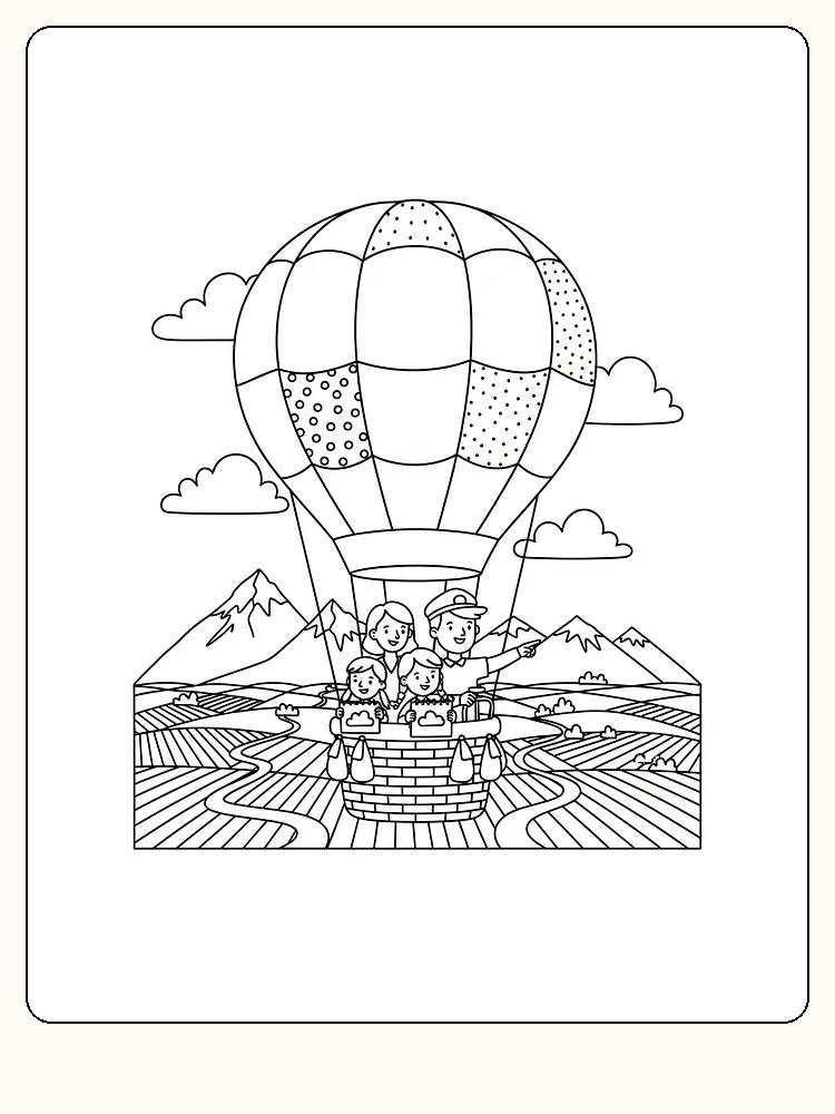 Tegning til farvelægning af en familie, der flyver i en luftballon over bjerge