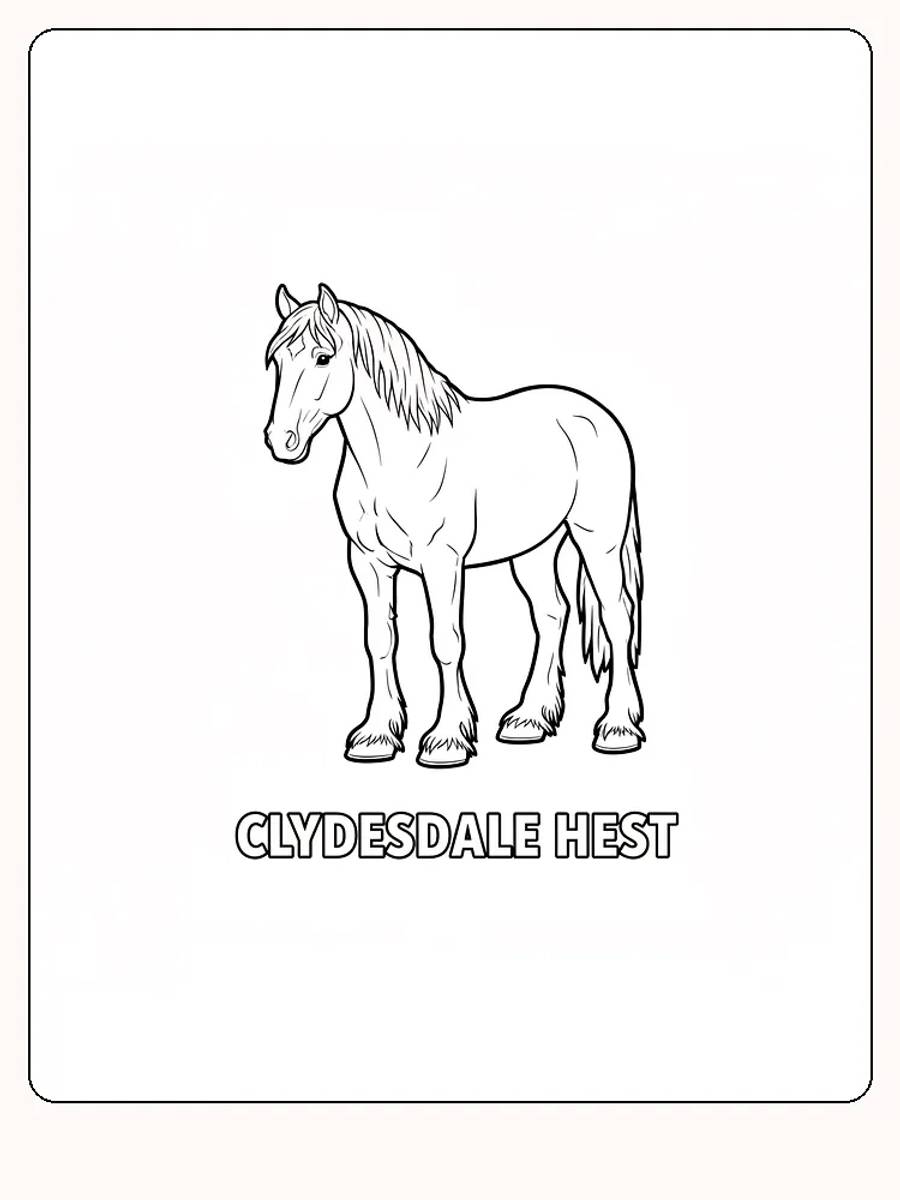 Fargeleggingsbilde av en stående Clydesdale hest klar til utskrift og maling