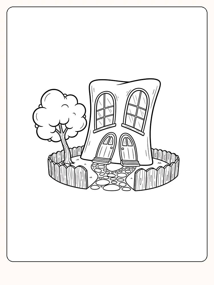 Fargeleggingstegning av et krumt hus med et tre og gjerde, perfekt for å la kreativiteten blomstre