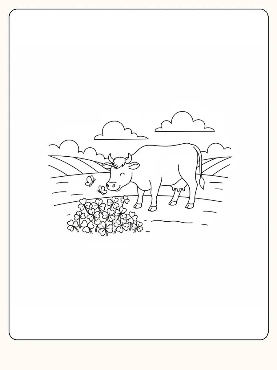 Fargeleggingstegning av en ku på beite med blomster og sommerfugl i landskap