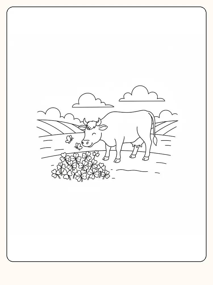 Fargeleggingstegning av en ku på beite med blomster og sommerfugl i landskap