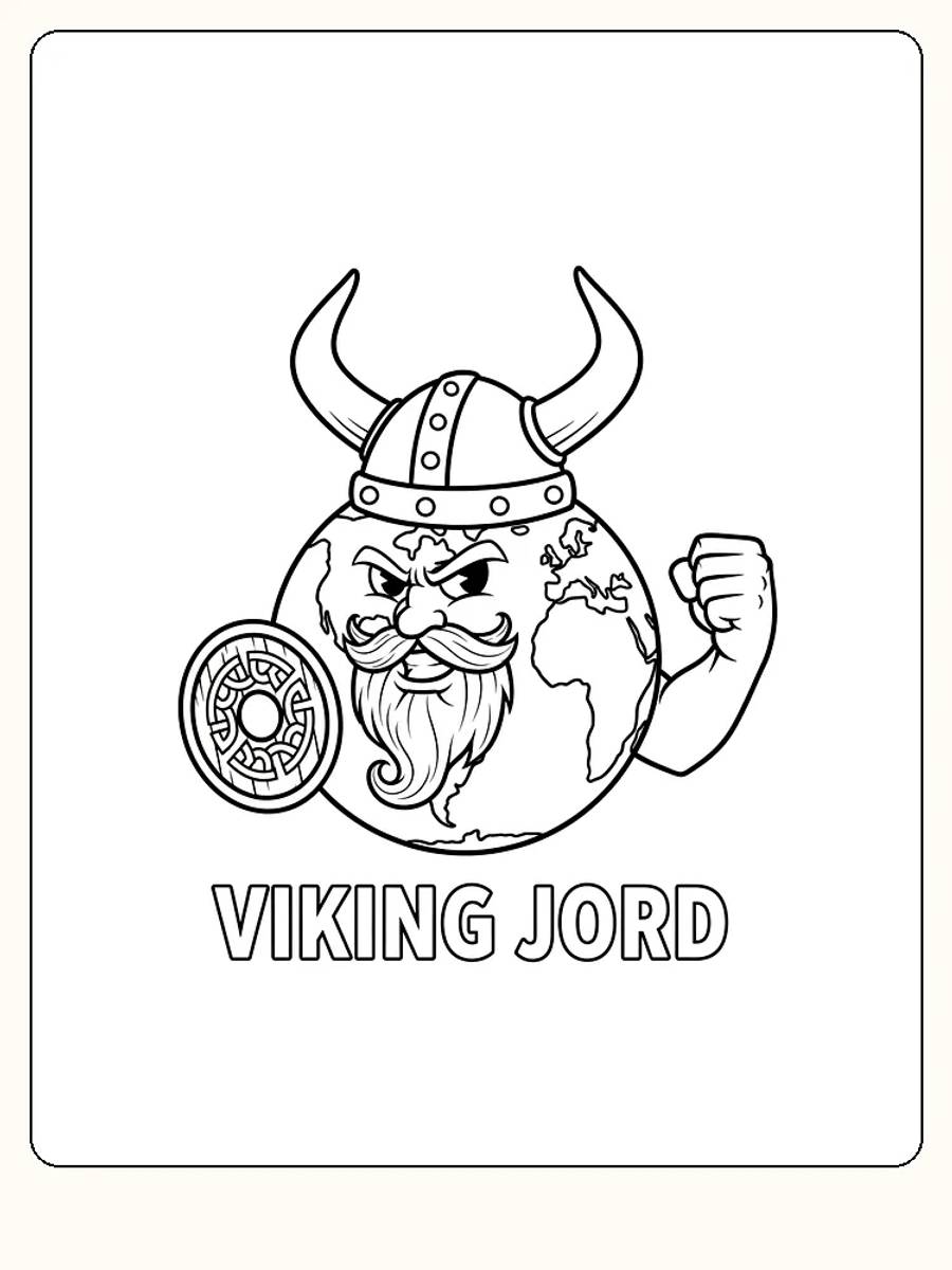 Tegning til farvelægning af en jordklode som viking med hjelm og skjold, klar til download