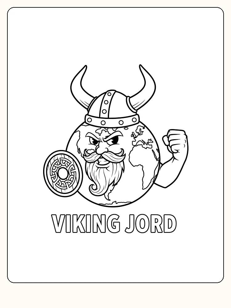 Tegning til farvelægning af en jordklode som viking med hjelm og skjold, klar til download