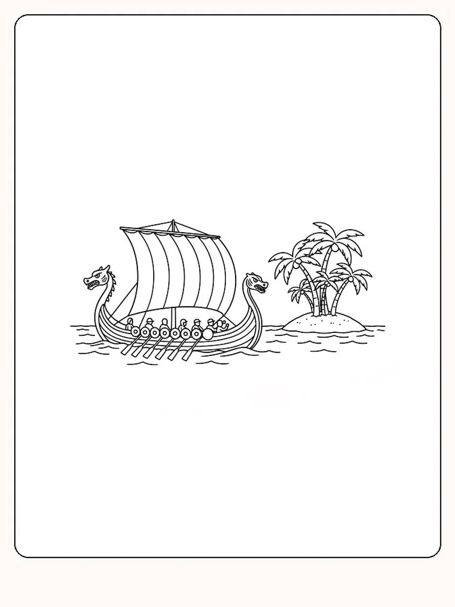 Målarbild av ett vikingaskepp vid en ö med palmer, redo för utskrift.