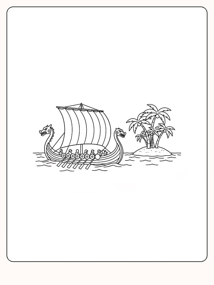 Målarbild av ett vikingaskepp vid en ö med palmer, redo för utskrift.