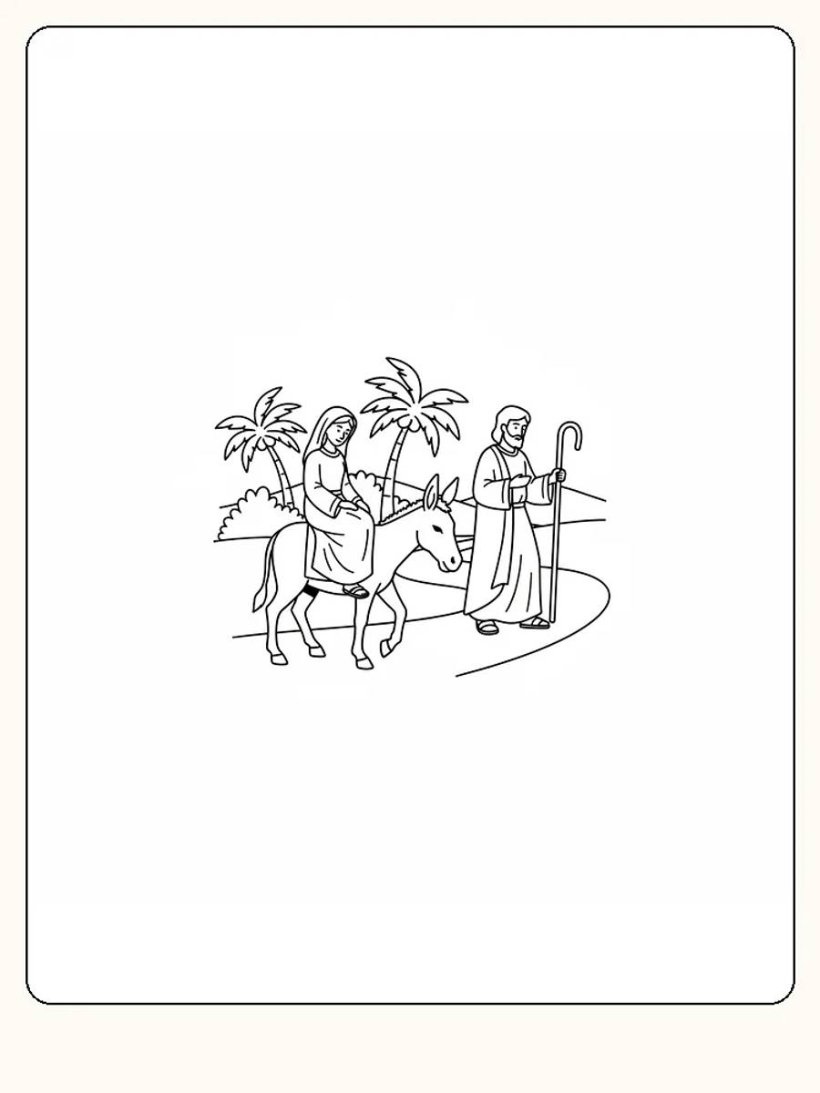 Fargelegging av Jesus, Maria på esel, og Josef med stav, ferdig for utskrift