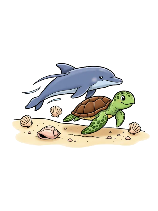 delfin som svømmer med skilpadde, klar til å fargelegges.