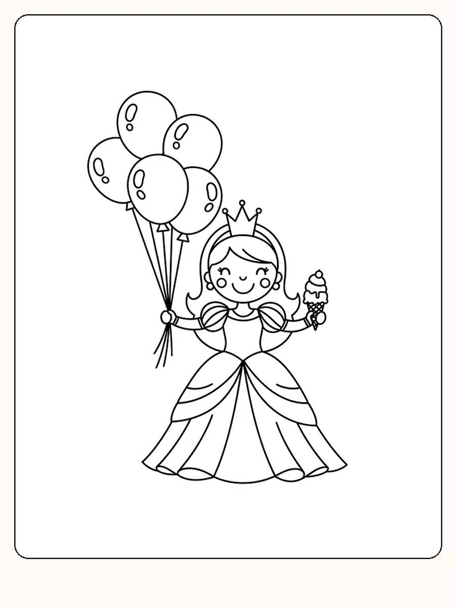 Fargeleggingsbilde av prinsesse med krone, ballonger og iskrem
