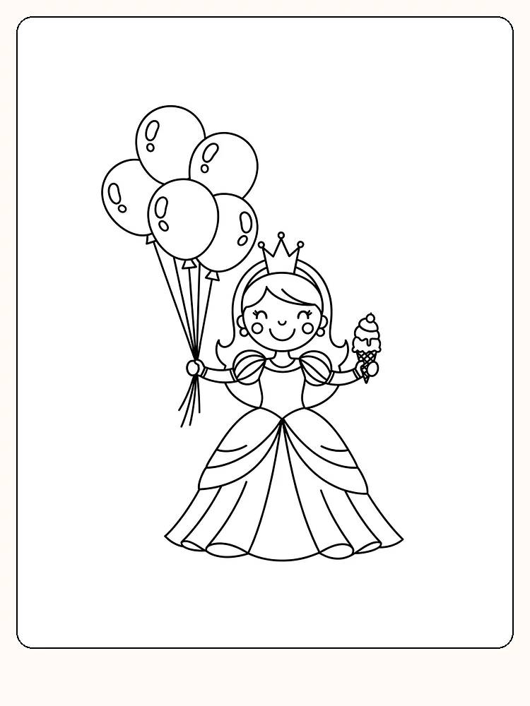 Fargeleggingsbilde av prinsesse med krone, ballonger og iskrem