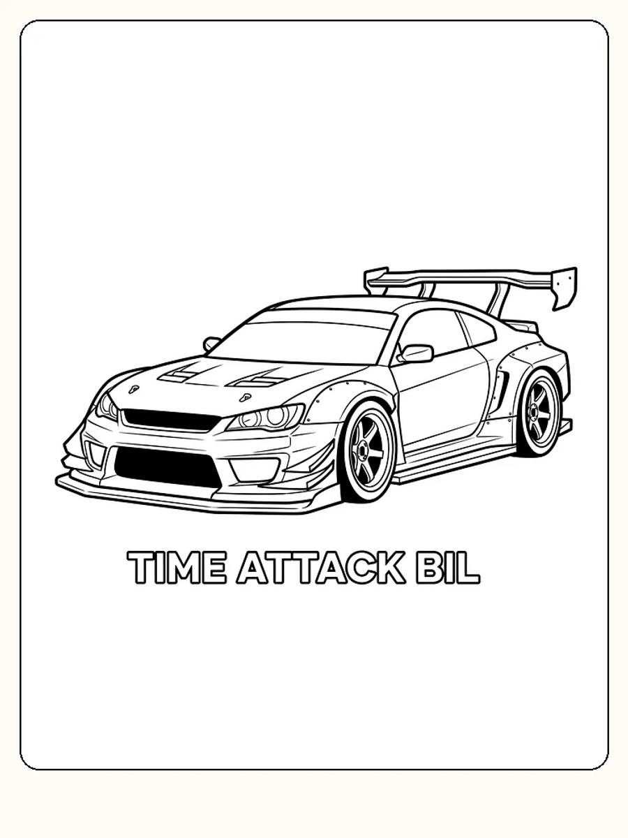 Tegning til farvelægning af en hurtig time attack-bil, klar til print