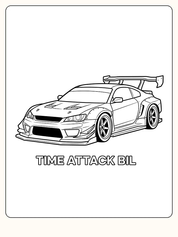 Tegning til farvelægning af en hurtig time attack-bil, klar til print