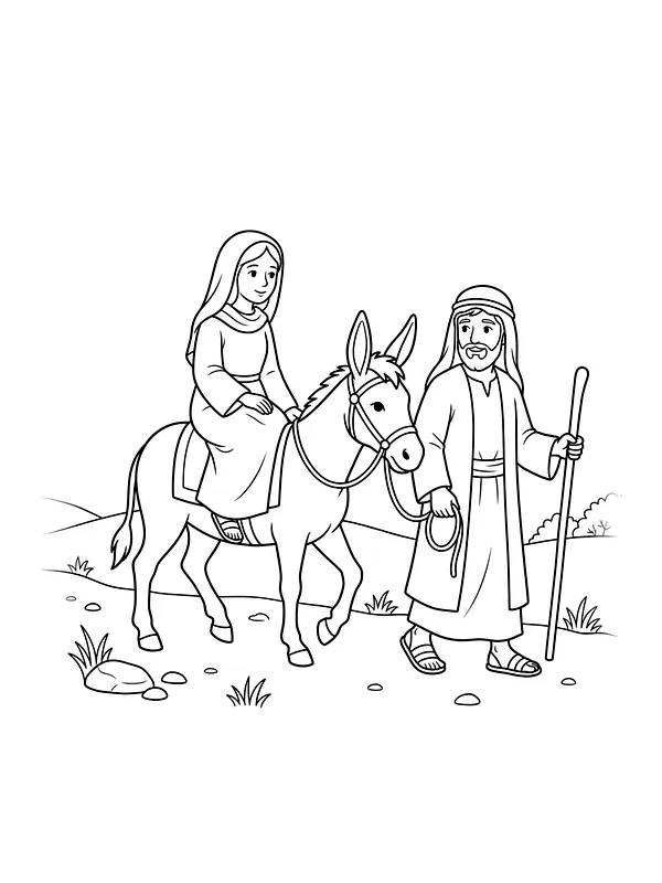 Maria på æsel med Josef ved siden af i juleevangeliet