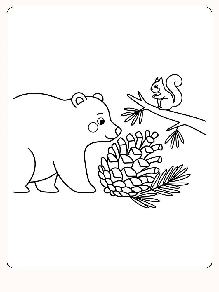 Fargeleggingsbilde av en bjørn som ser på et ekorn på grenen ved siden av en stor kongle
