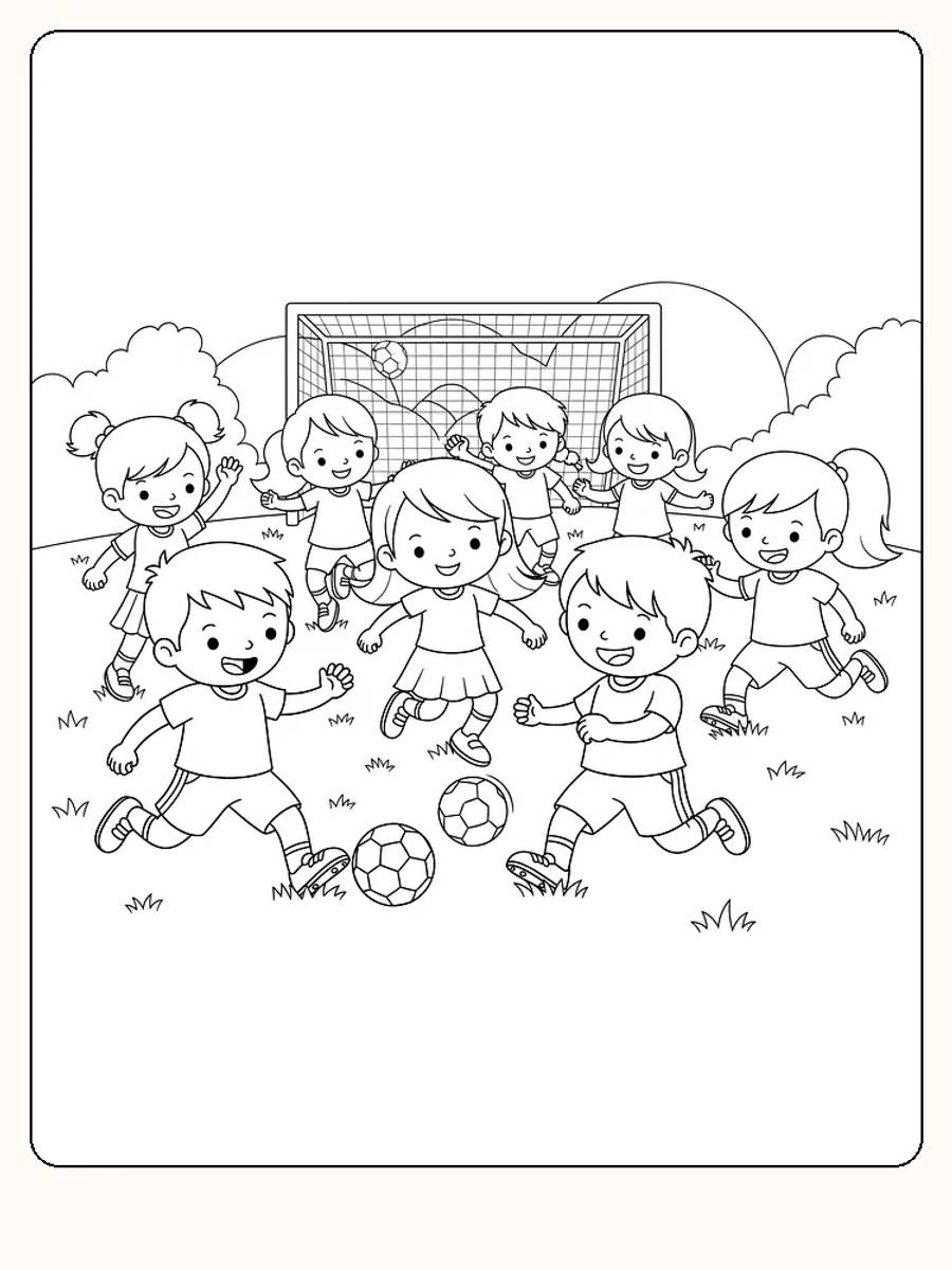 Fargeleggingstegning av barn som spiller fotball på en gressplen med ball og mål, perfekt for fargelegging