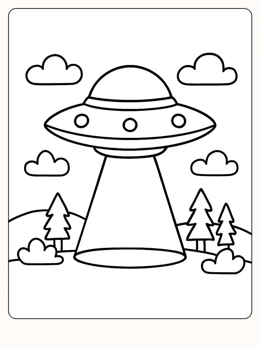 Tegning til farvelægning af en UFO, der svæver over et skovlandskab, perfekt til børn at farvelægge