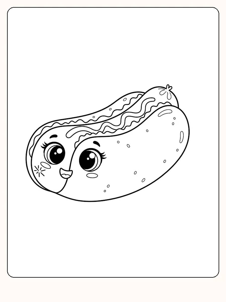 Tegning til farvelægning af en kawaii-hotdog med store, venlige øjne og et smil