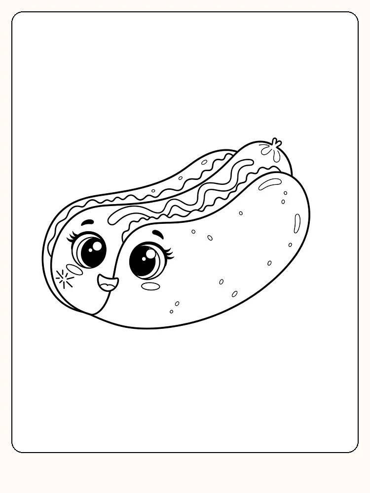 Tegning til farvelægning af en kawaii-hotdog med store, venlige øjne og et smil