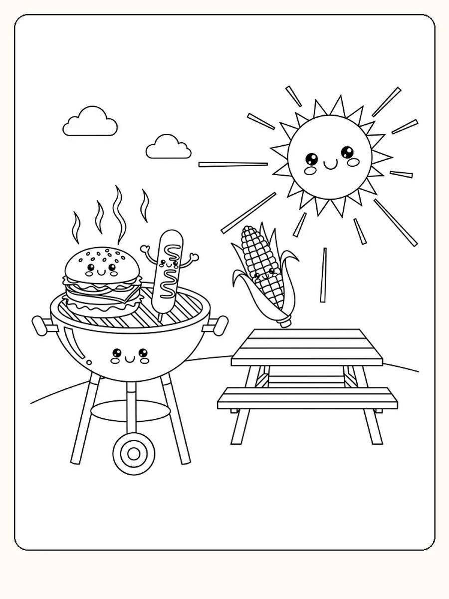 Tegning af grill med smilende sol, burger og pølse, klar til farvelægning
