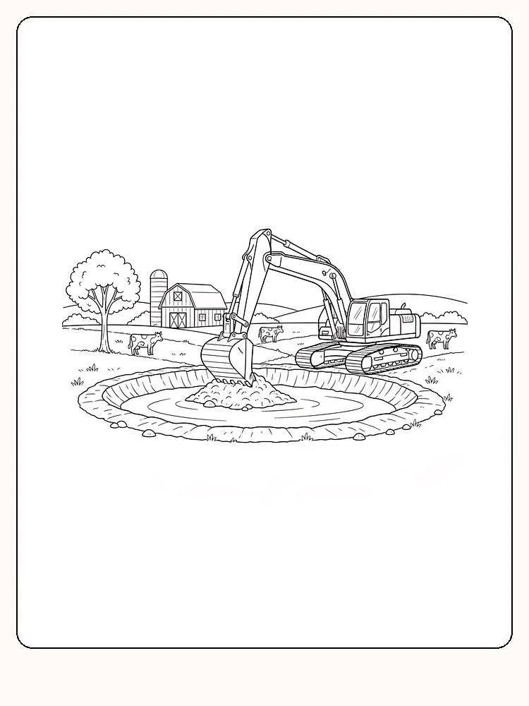 Tegning til farvelægning af en gravemaskine, der graver på en bondegård med stald og køer, klar til print