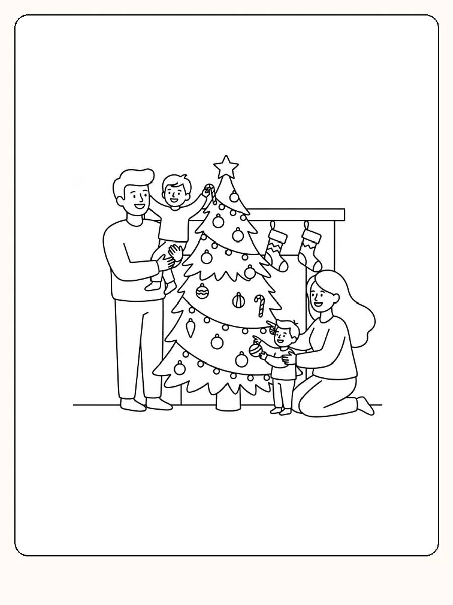 Fargeleggingstegning av en familie som pynter juletreet, klar for utskrift