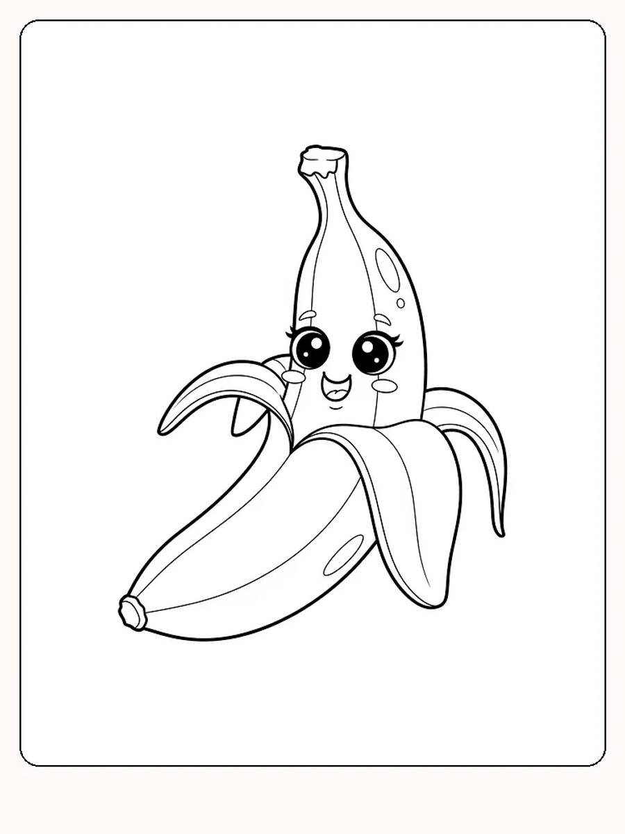 Tegning af en kawaii-banan med søde, store øjne, klar til farvelægning
