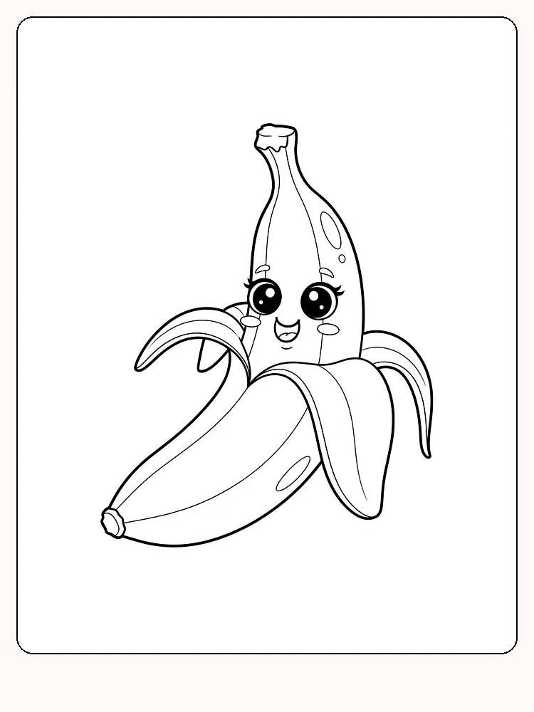 Tegning af en kawaii-banan med søde, store øjne, klar til farvelægning