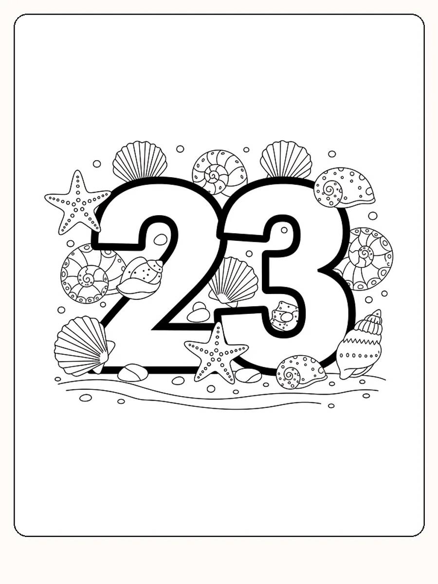 Ausmalbild der Zahl 23, umgeben von Muscheln und Seesternen, bereit zum Ausdrucken.