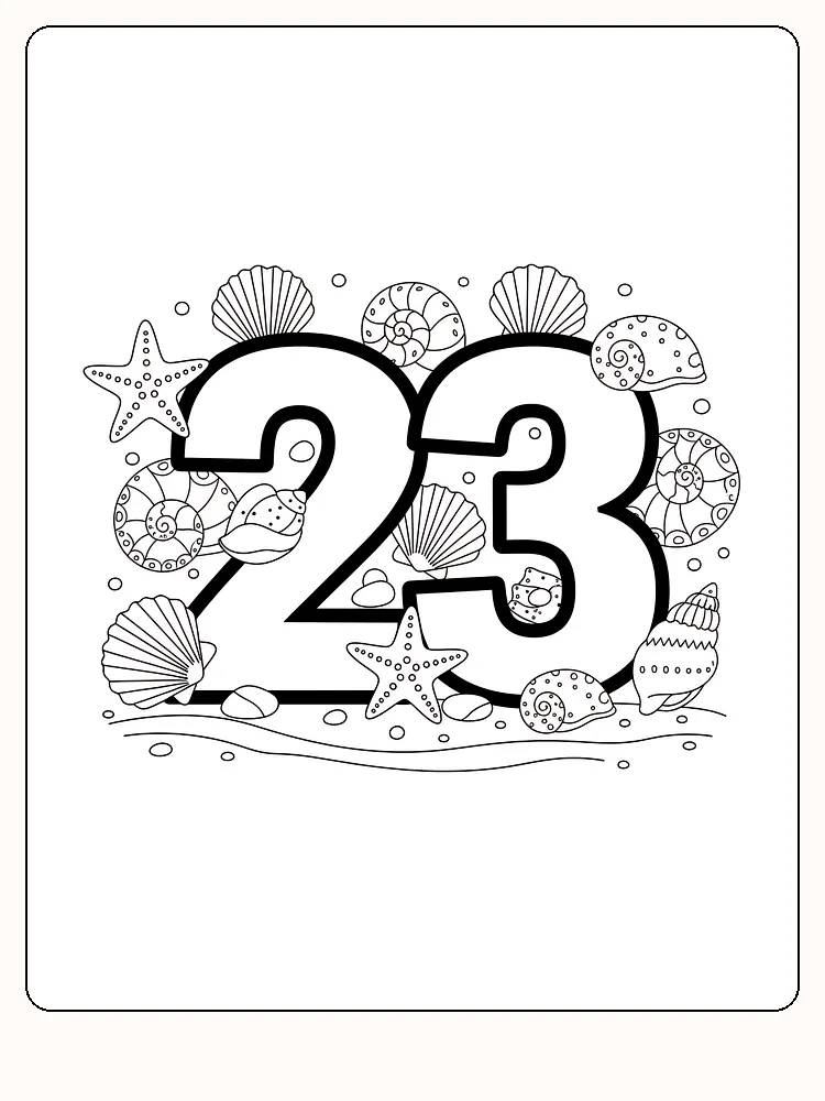 Ausmalbild der Zahl 23, umgeben von Muscheln und Seesternen, bereit zum Ausdrucken.