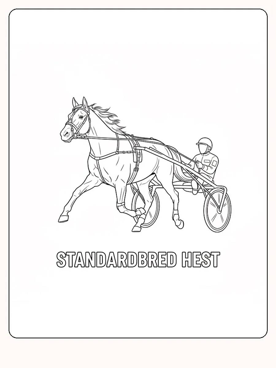 Fargeleggingstegning av en standardbred hest med kusk i en vogn, klar for utskrift