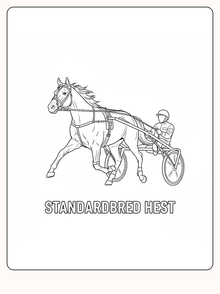 Fargeleggingstegning av en standardbred hest med kusk i en vogn, klar for utskrift
