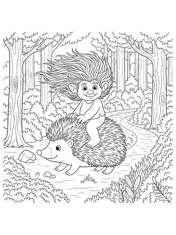 Troll som rir på piggsvin i skog
