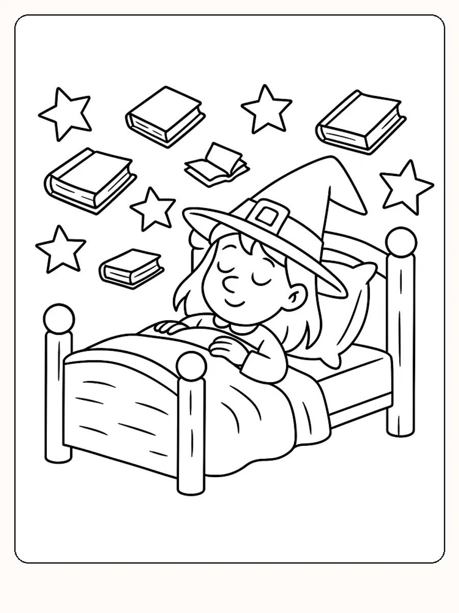 Ausmalbild einer kleinen Hexe, die in einem Bett schläft, umgeben von Büchern und Sternen.