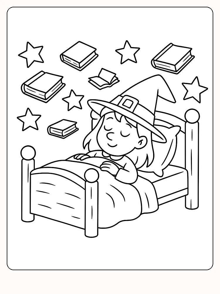 Ausmalbild einer kleinen Hexe, die in einem Bett schläft, umgeben von Büchern und Sternen.