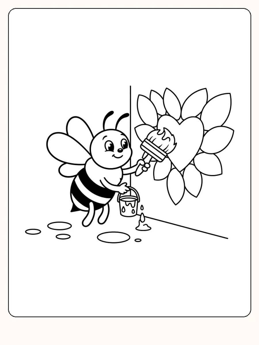 Fargelegging av en bie som maler en stor hjerteformet blomst, klar for utskrift