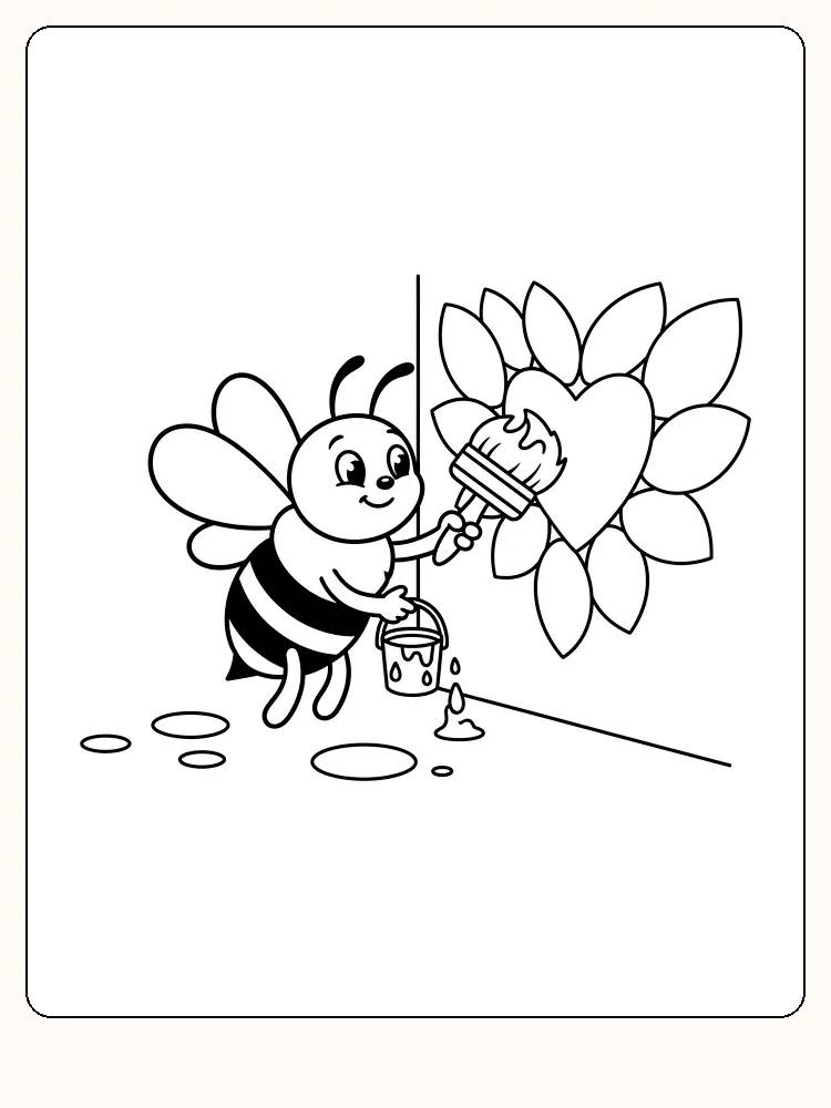 Fargelegging av en bie som maler en stor hjerteformet blomst, klar for utskrift
