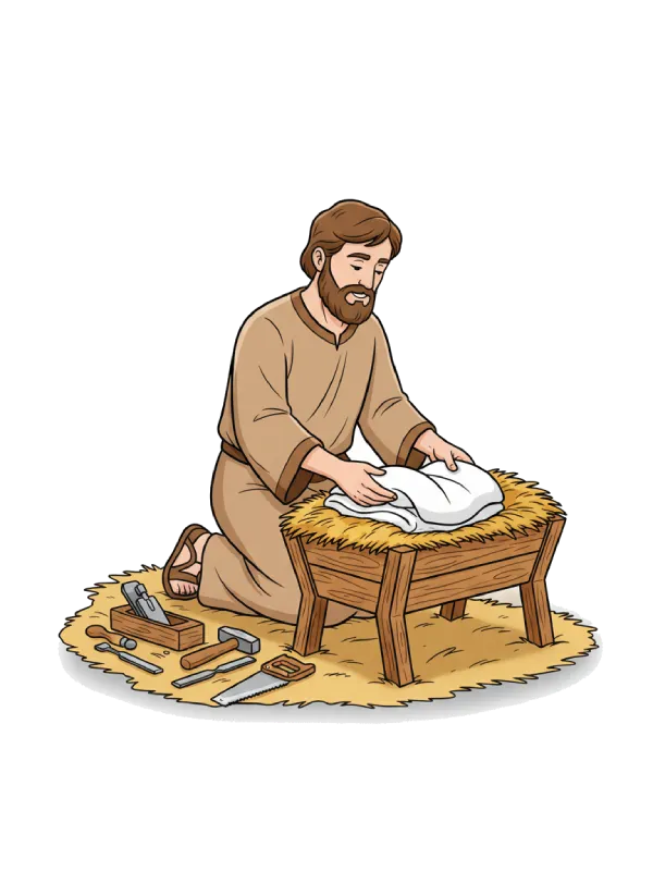 Josef ved julekrybben - snekker som forbereder krybbe med halm og tepper til Jesusbarnet.