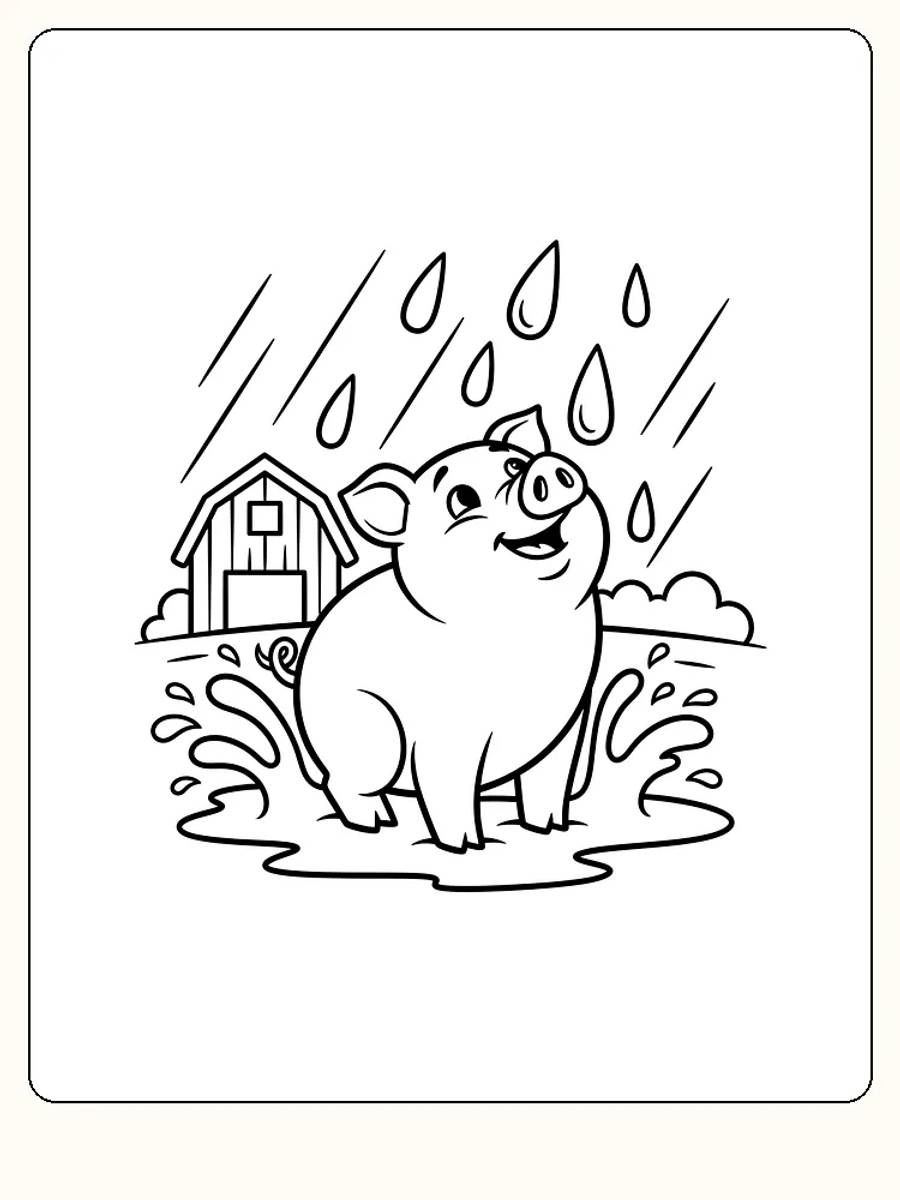 Tegning til farvelægning af en glad gris, der sidder i regnen foran en lade, klar til print