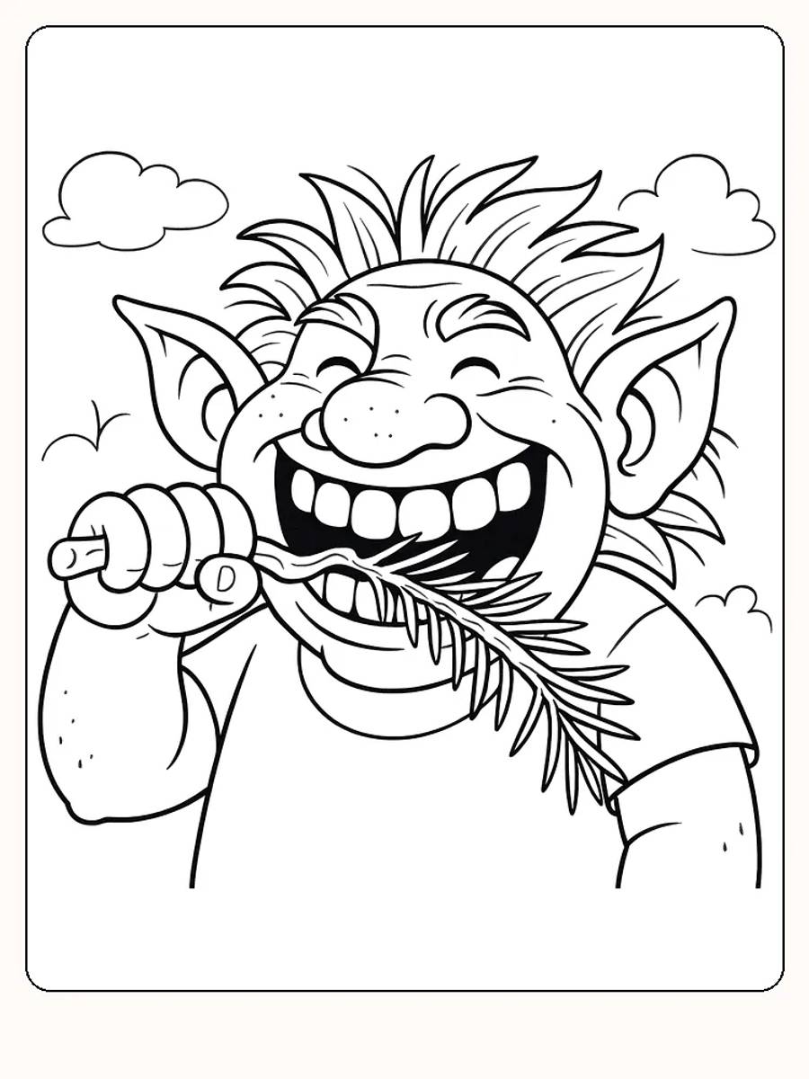 Fargelegging av et troll som spiser blad, med stort smilende ansikt