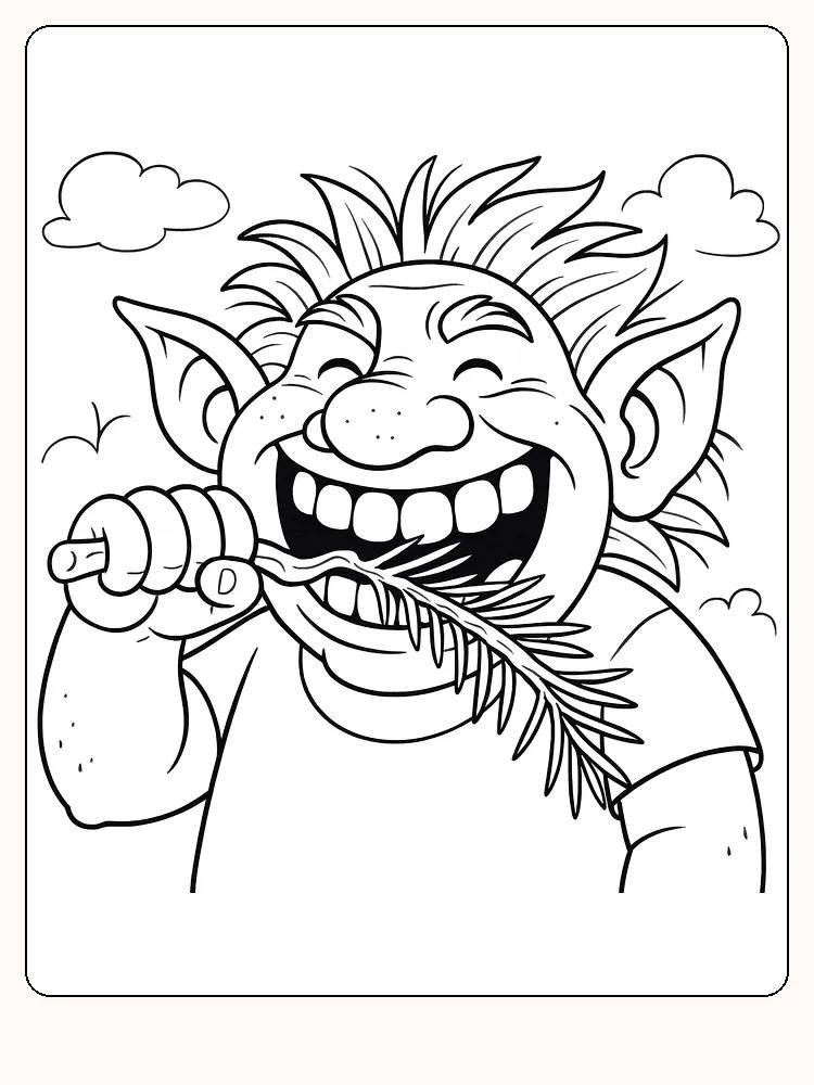 Fargelegging av et troll som spiser blad, med stort smilende ansikt